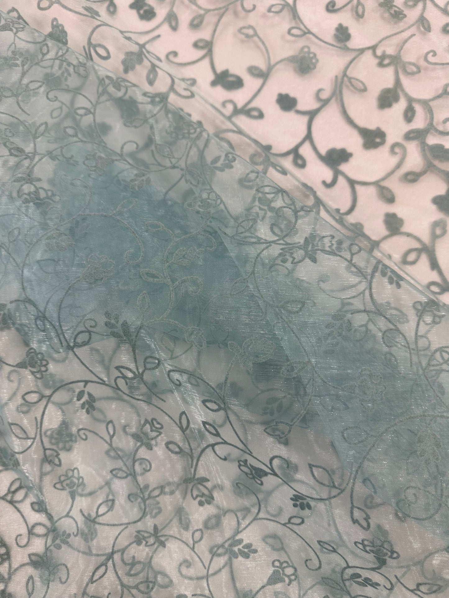 By the Yard Teal Blue Flocked Vines Organza