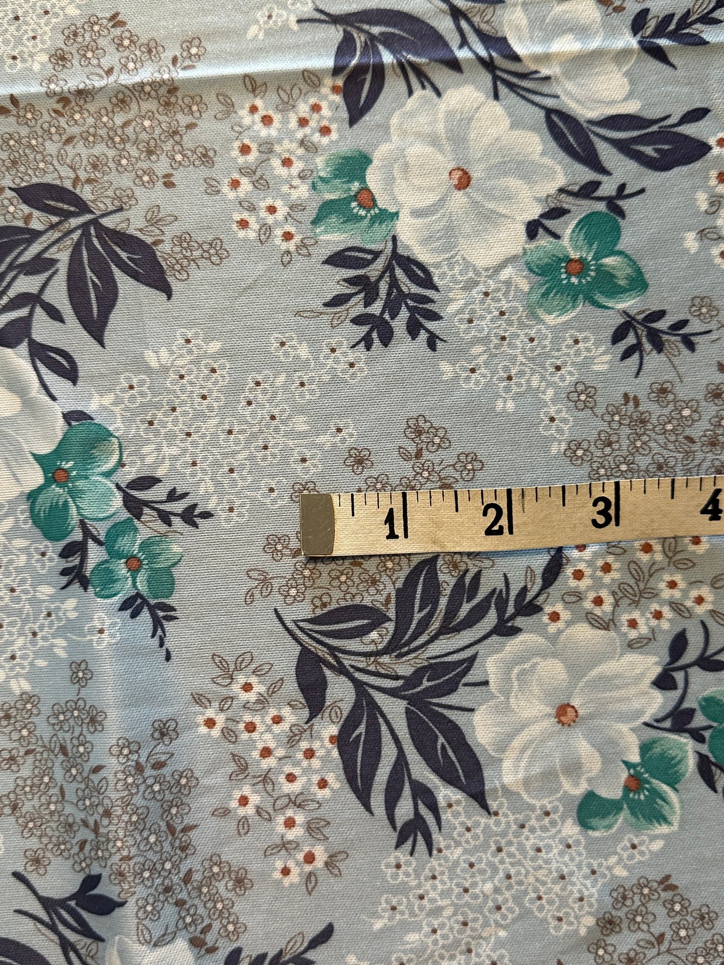 2 yards White Blue Turquoise Bronze Floral Poly Satin Knit