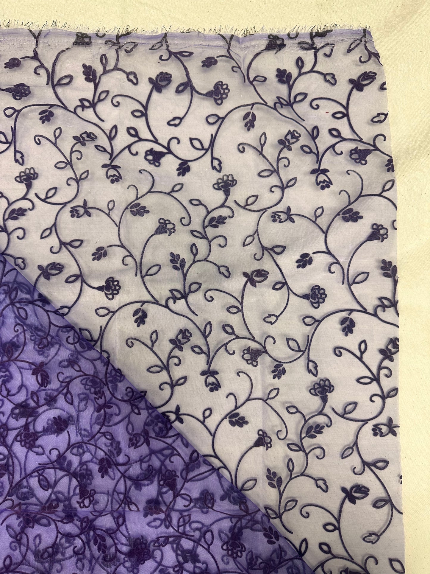 By the Yard Purple Flocked Floral Organza