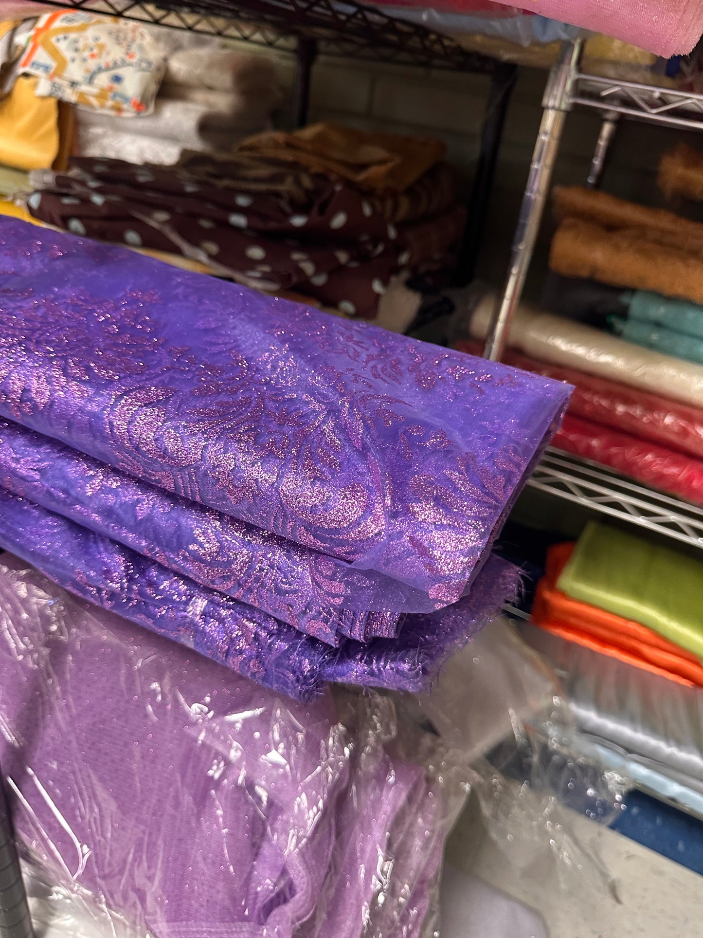 By the Yard Purple Glitter “Damask” Print