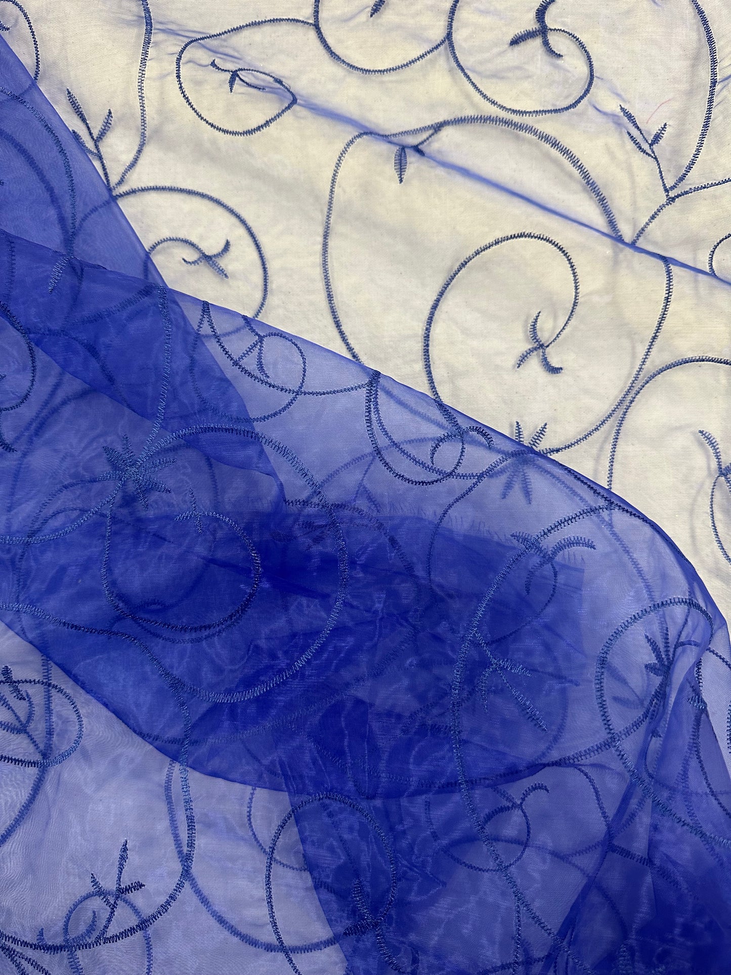 By the Yard Royal Blue Organza with Vines
