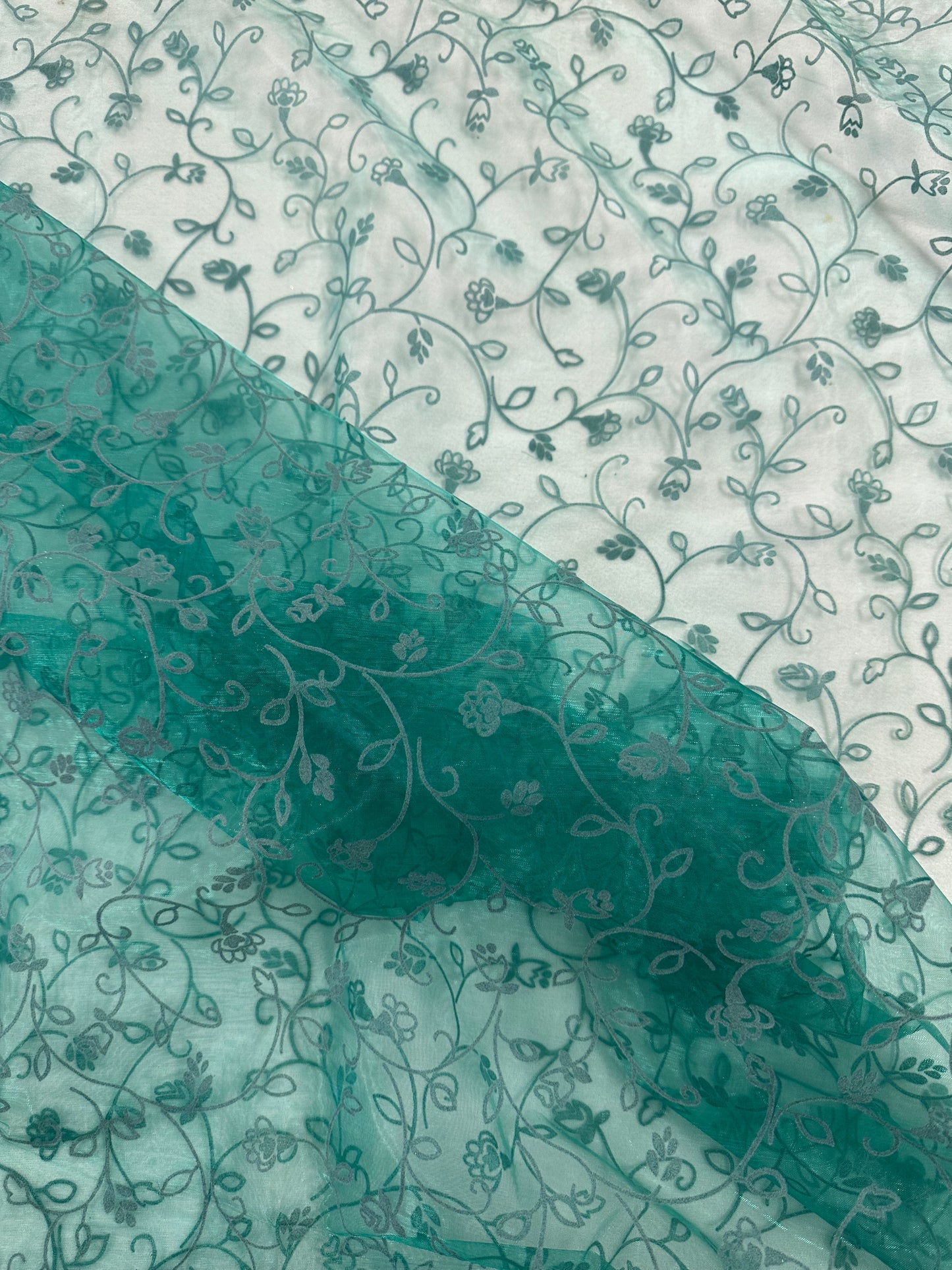 By the Yard Emerald Green Flocked Vines Organza