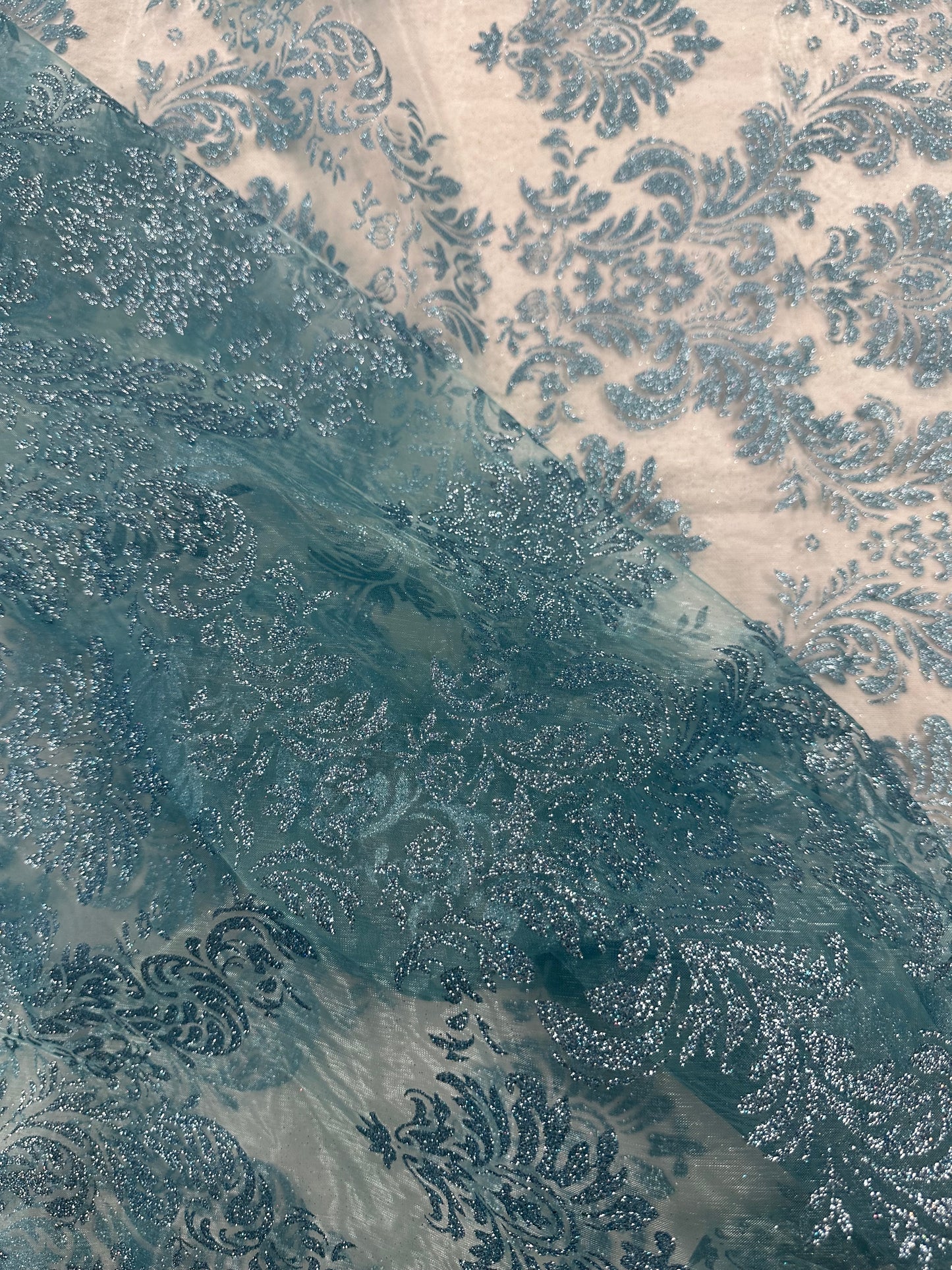 By the Yard Teal Organza Glitter Damask Print