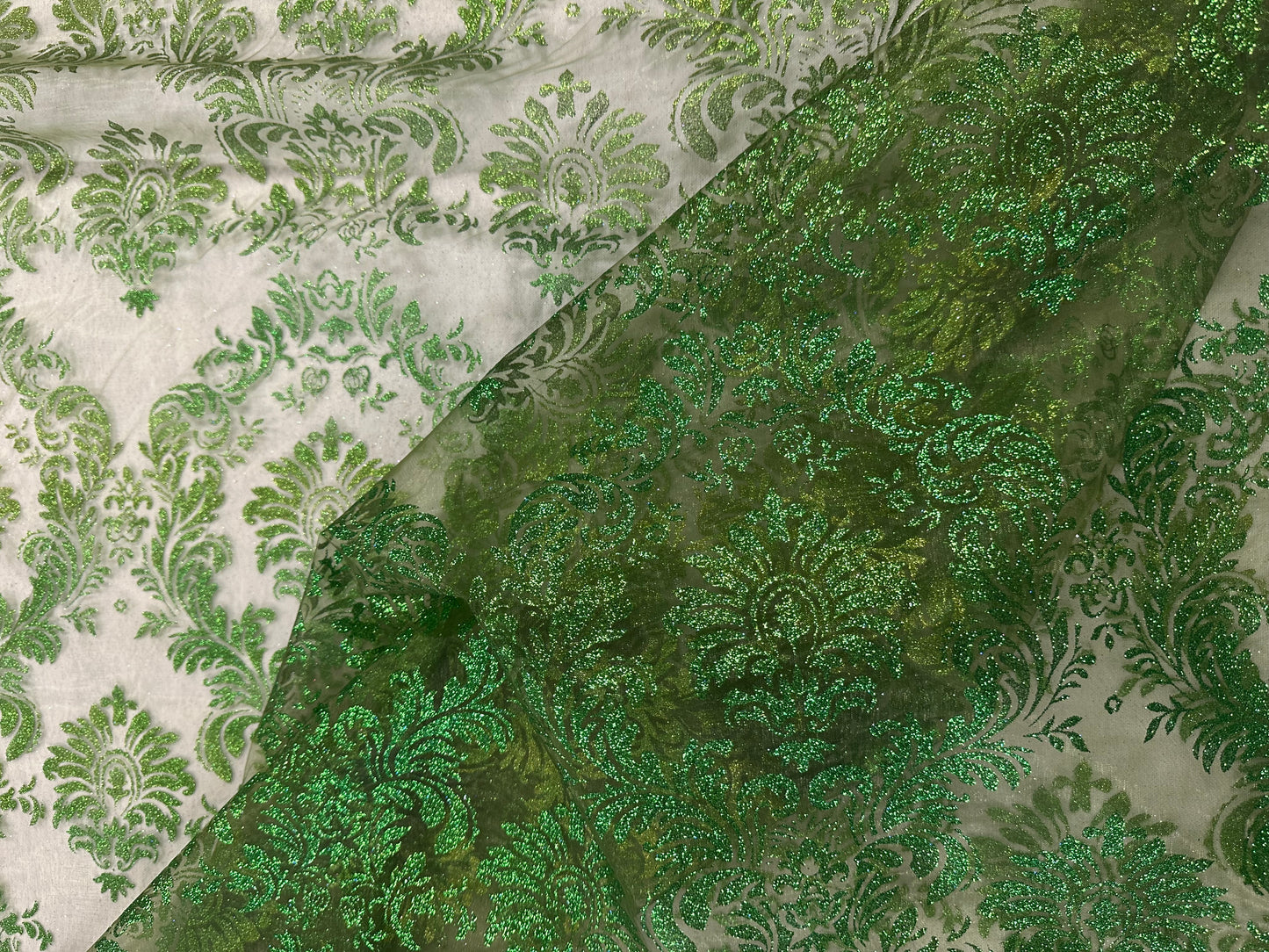 By the Yard Emerald Glitter Damask Print Organza
