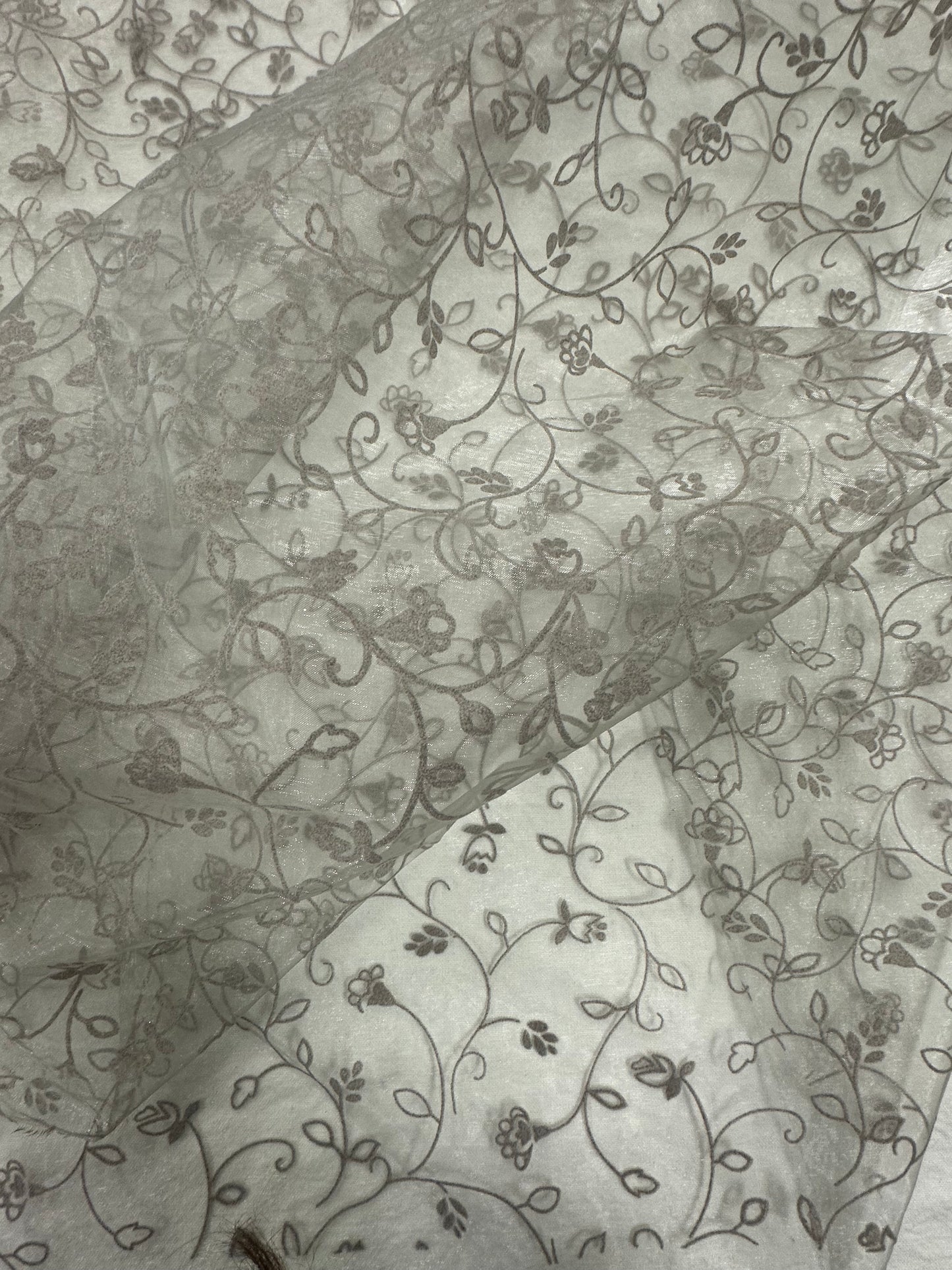 By the Yard Grey Flocked Floral Organza