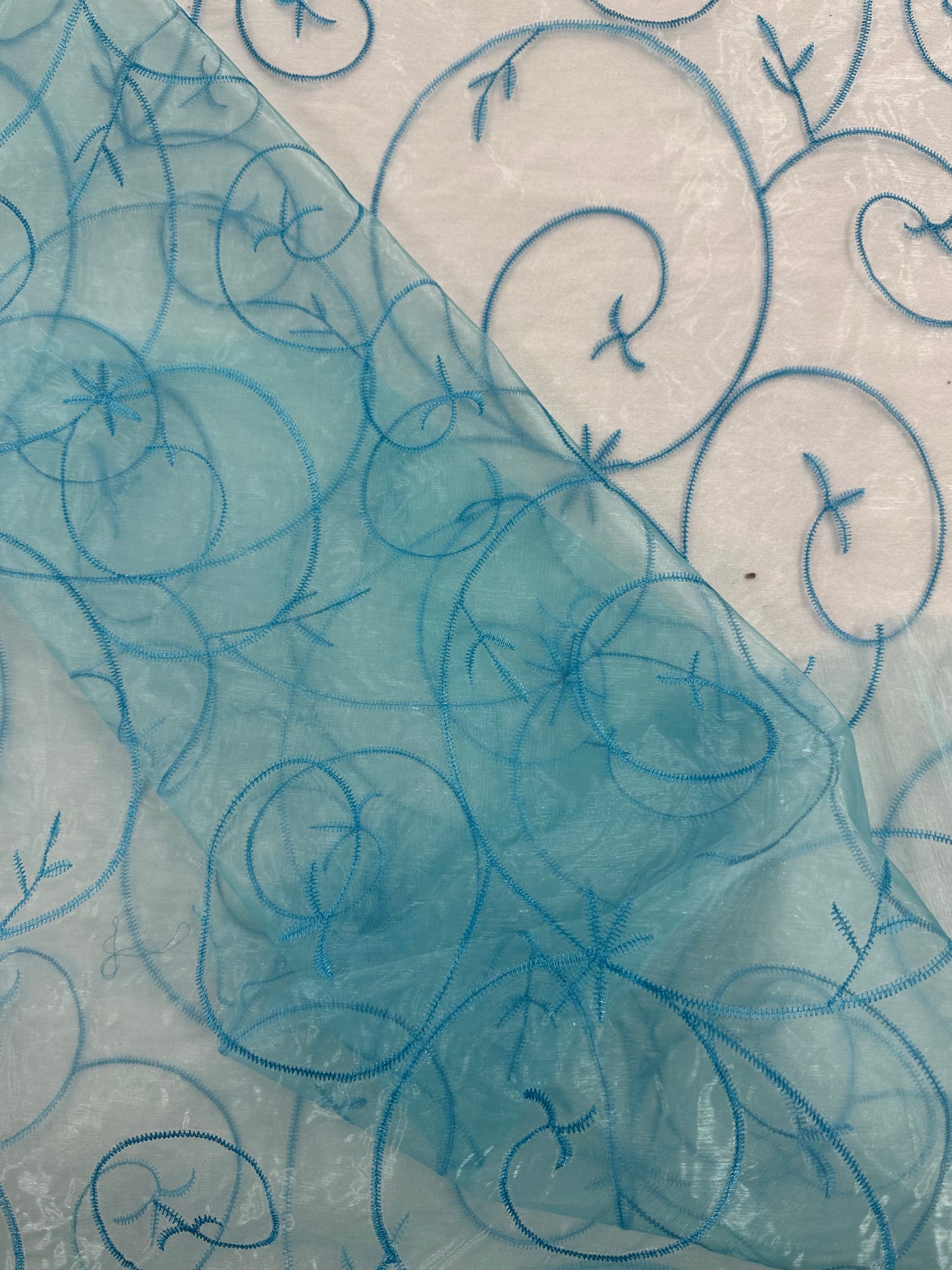 By the Yard Teal Organza with Vines