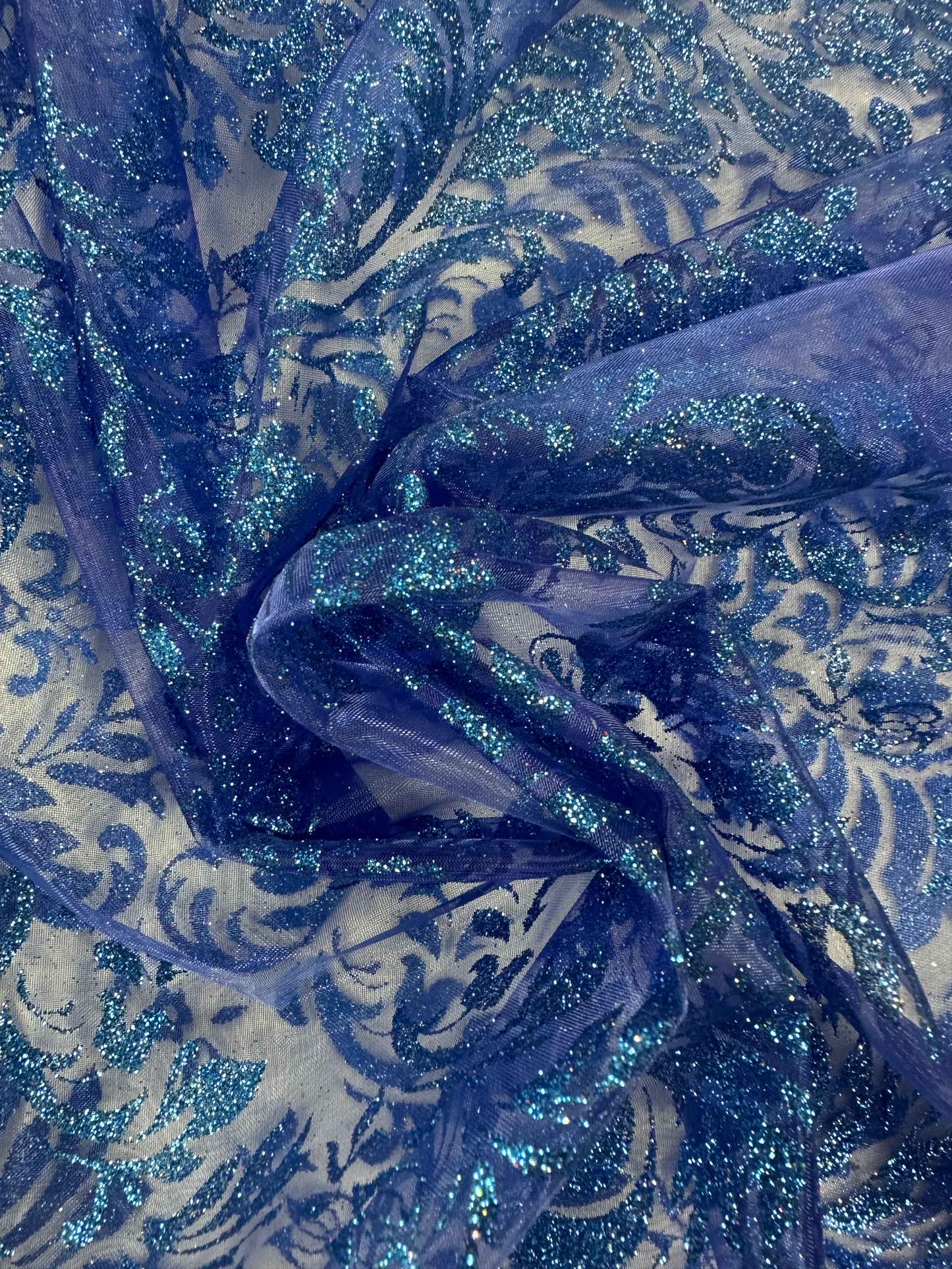 By the Yard Blue Glitter Damask Print Organza