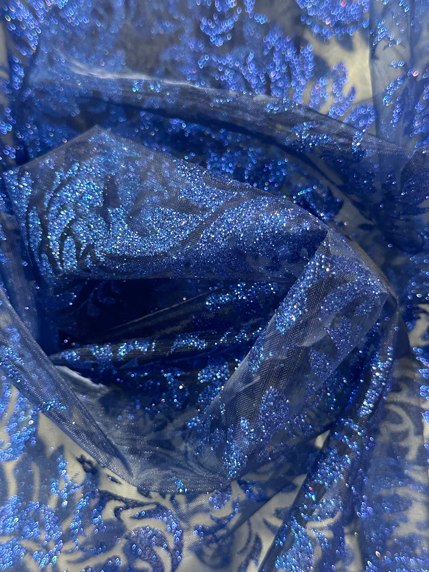 Navy Glitter Damask Print Organza