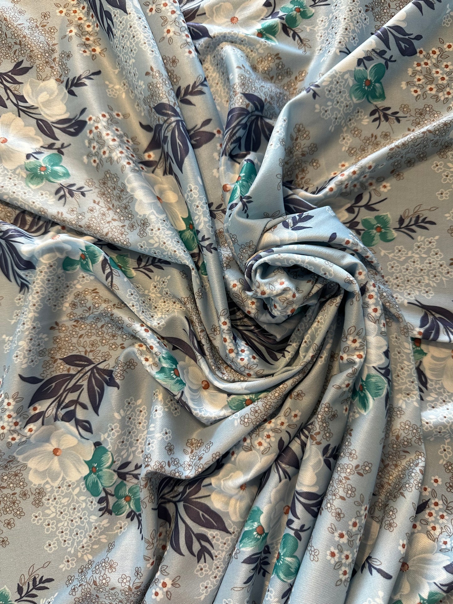 2 yards White Blue Turquoise Bronze Floral Poly Satin Knit