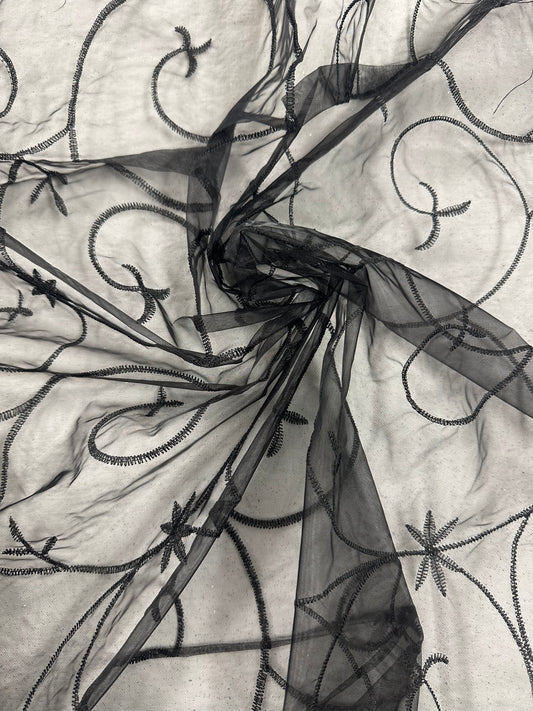 By the Yard Black Sheer Embellished Vines