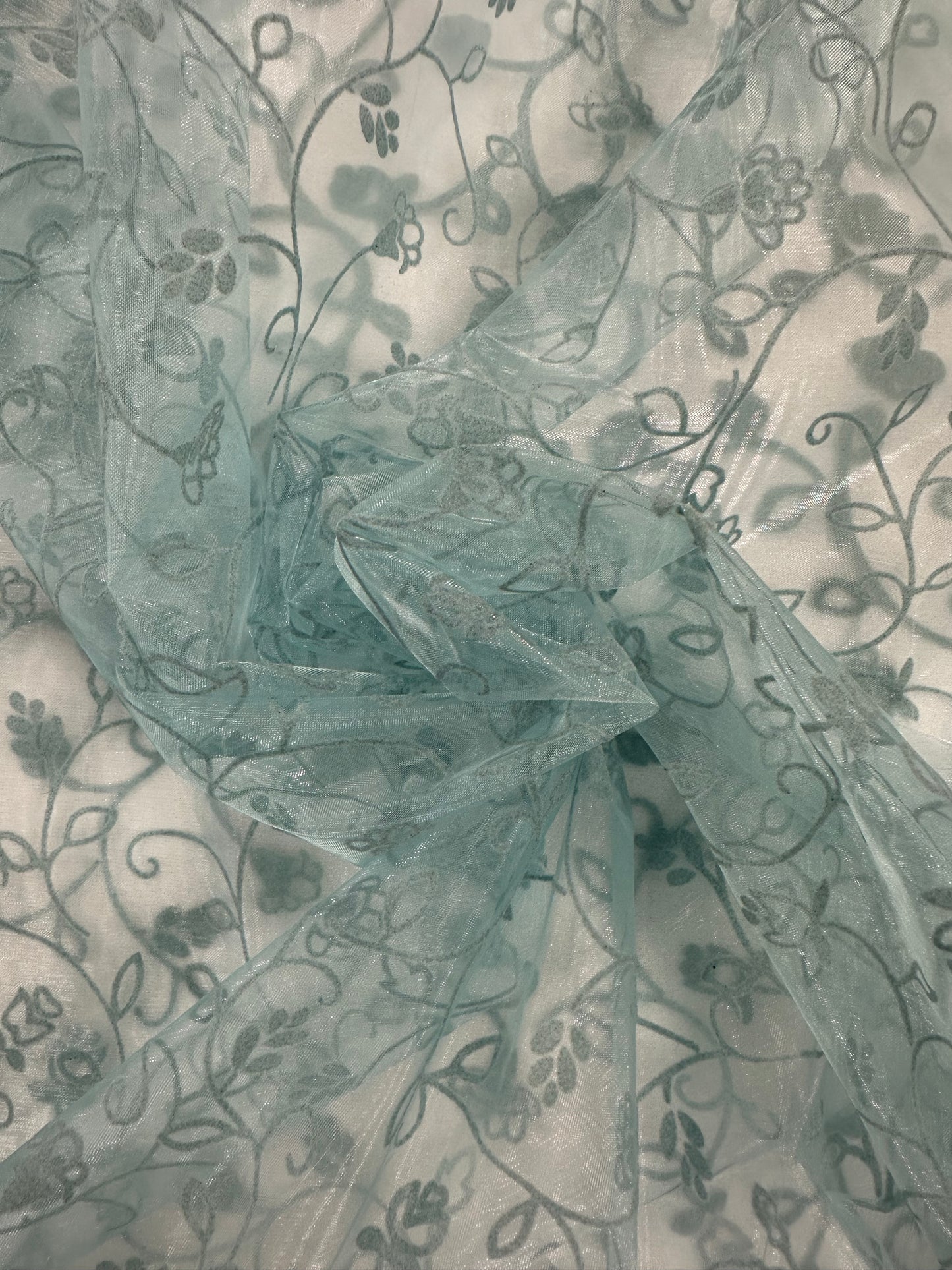 By the Yard Teal Blue Flocked Vines Organza