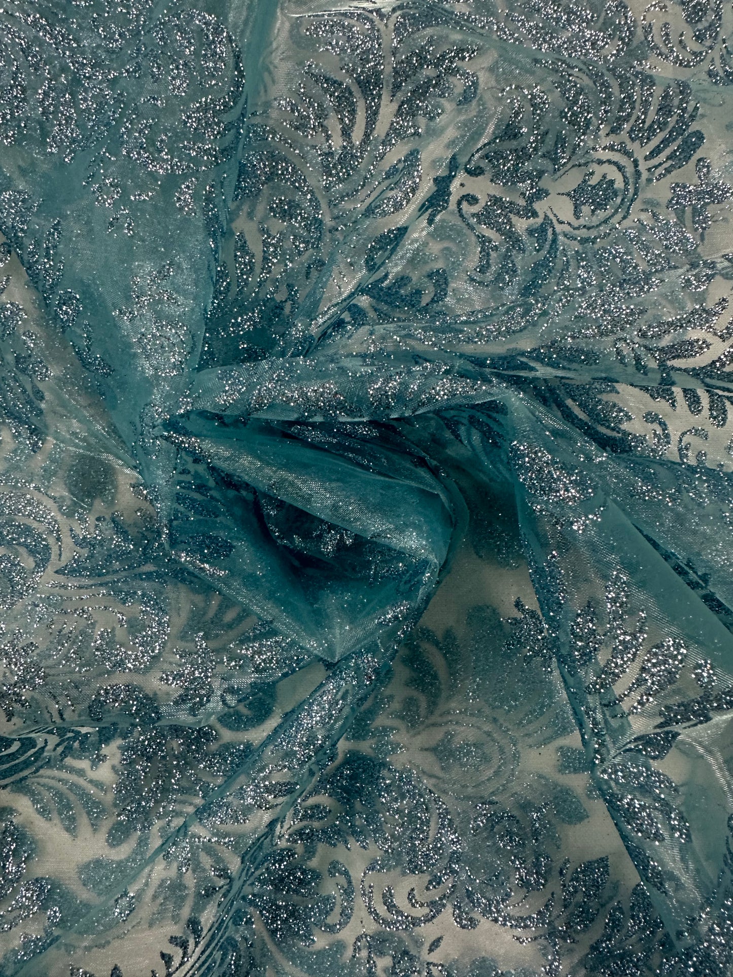 By the Yard Teal Organza Glitter Damask Print