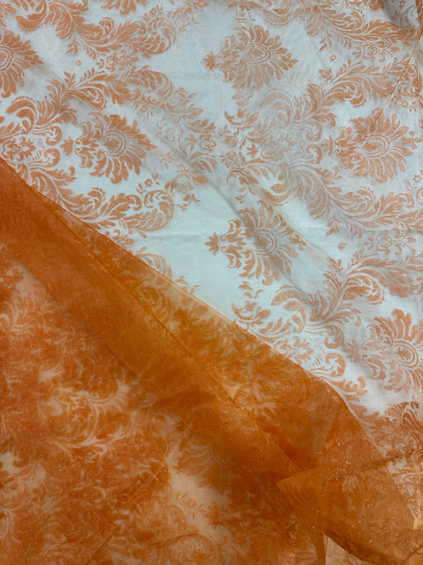 By the Yard Orange Damask Print Glitter Organza