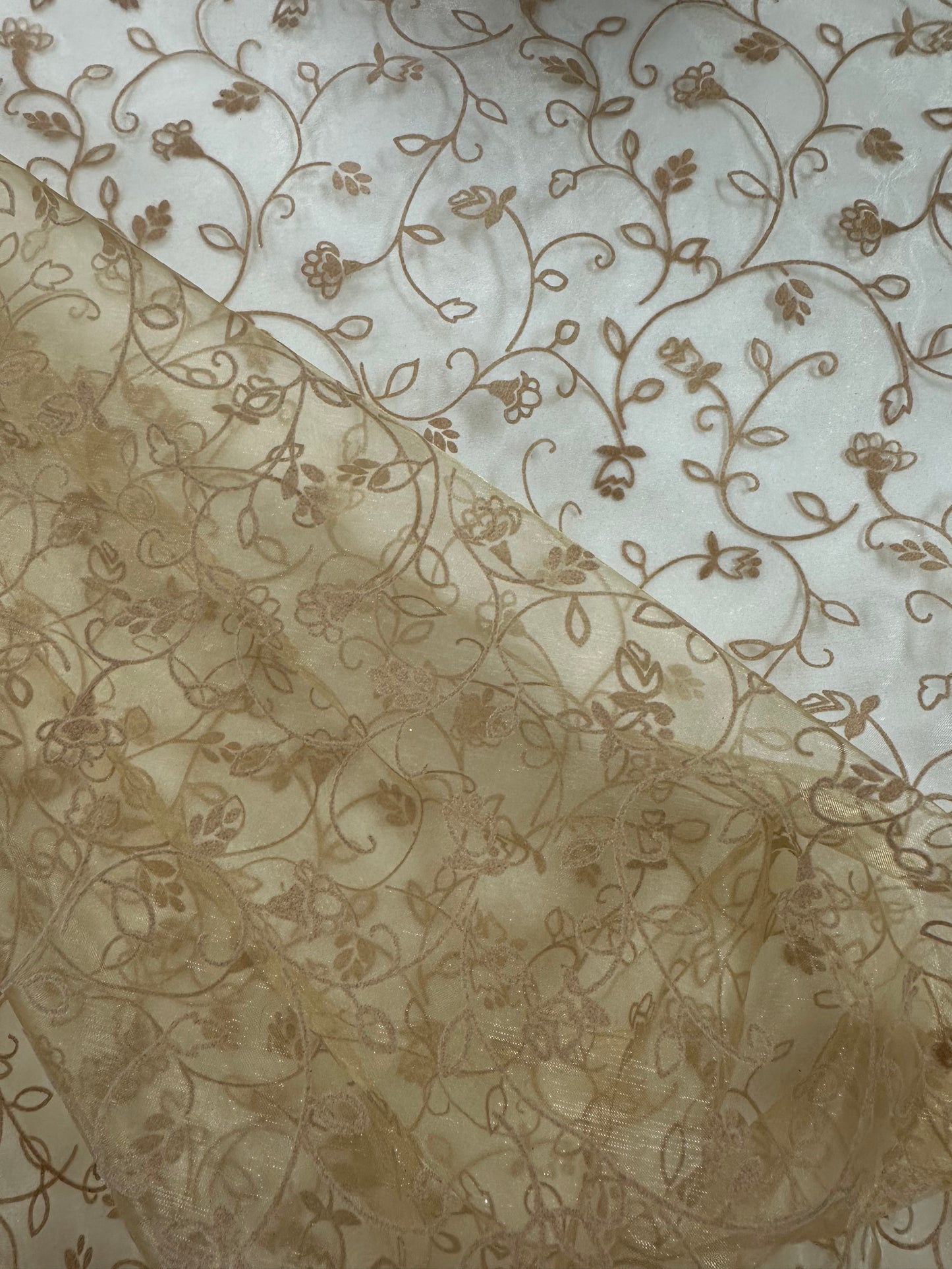 By the Yard Gold Flocked Floral Organza