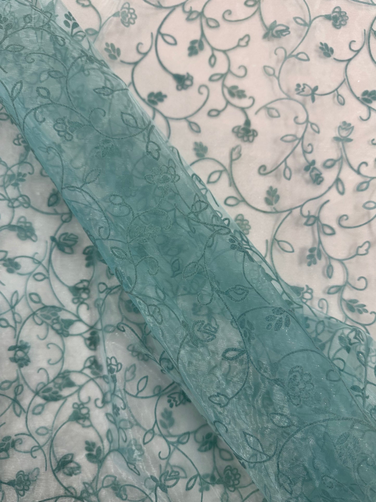 By the Yard Turquoise Flocked Vines Organza