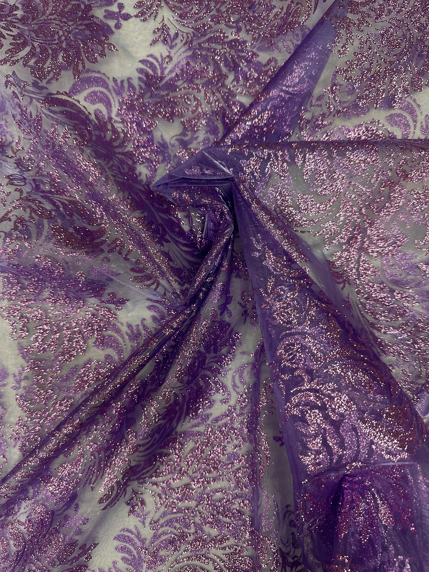 Sheer Purple Glitter “Damask” Print