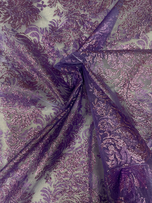 Sheer Purple Glitter “Damask” Print