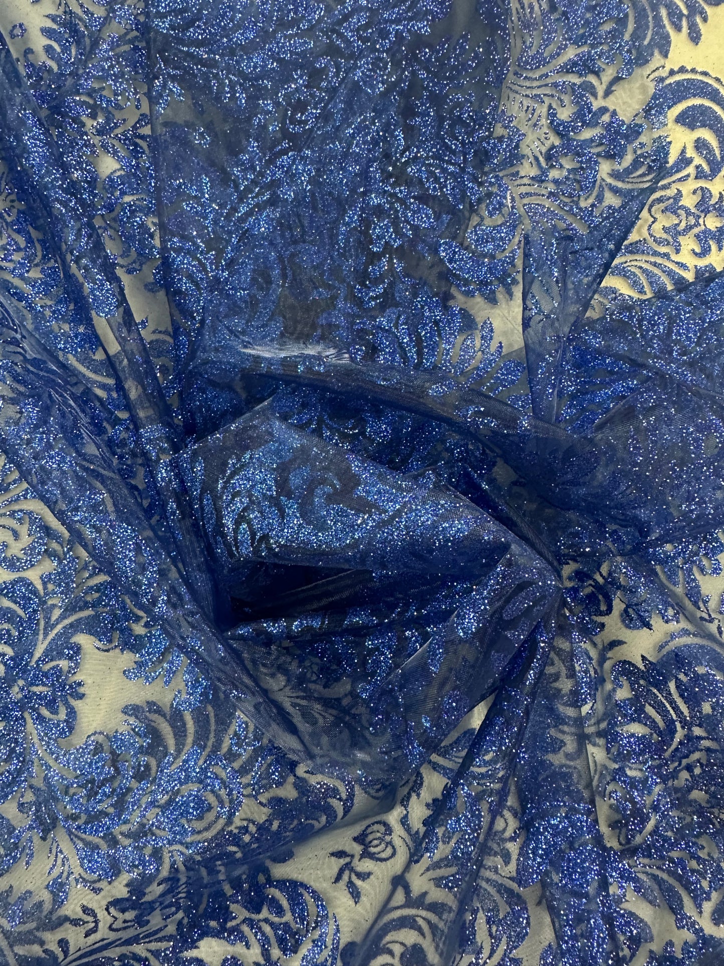Navy Glitter Damask Print Organza