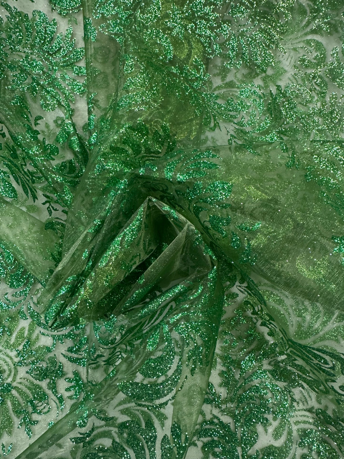 By the Yard Emerald Glitter Damask Print Organza
