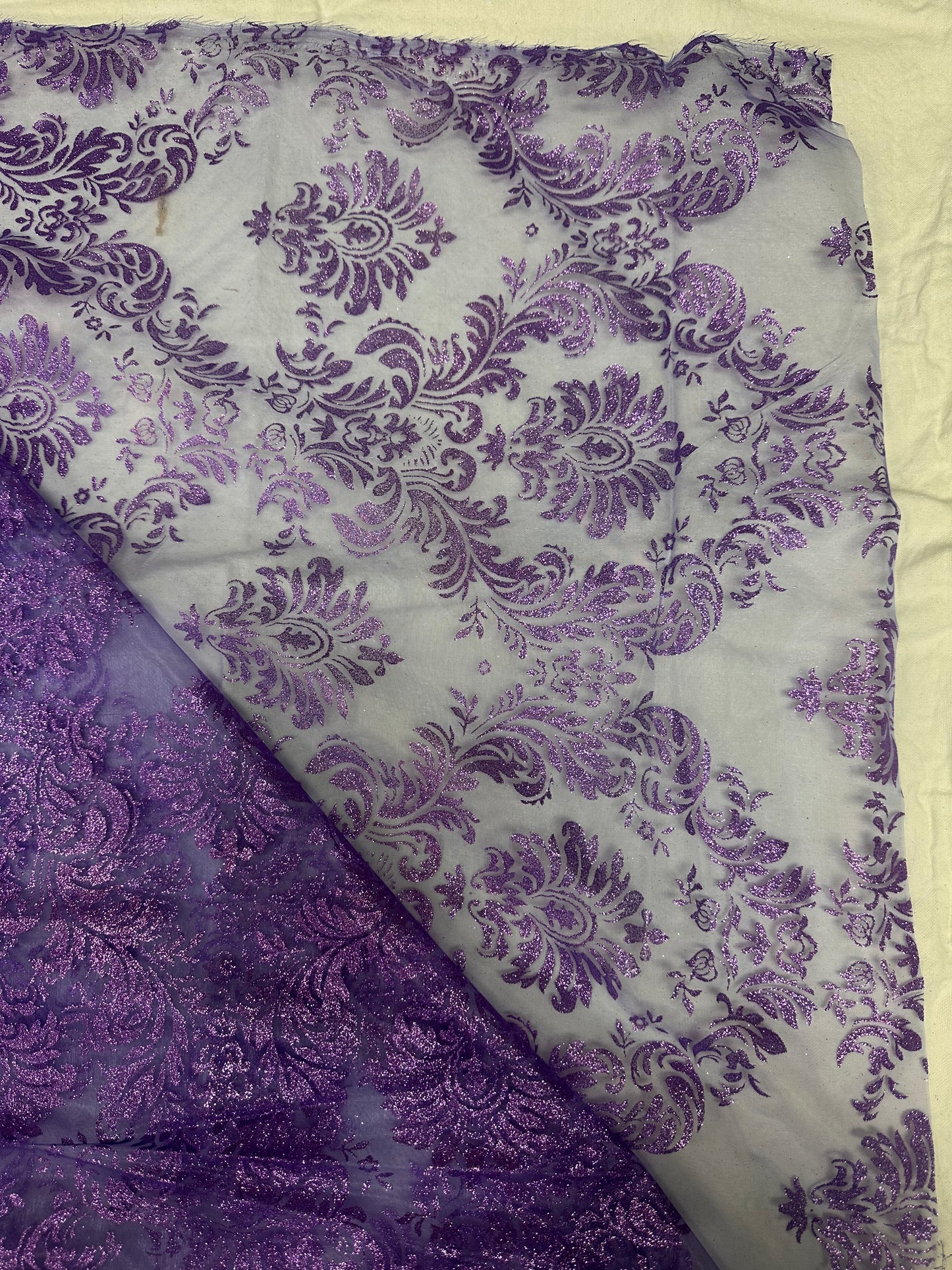 Sheer Purple Glitter “Damask” Print