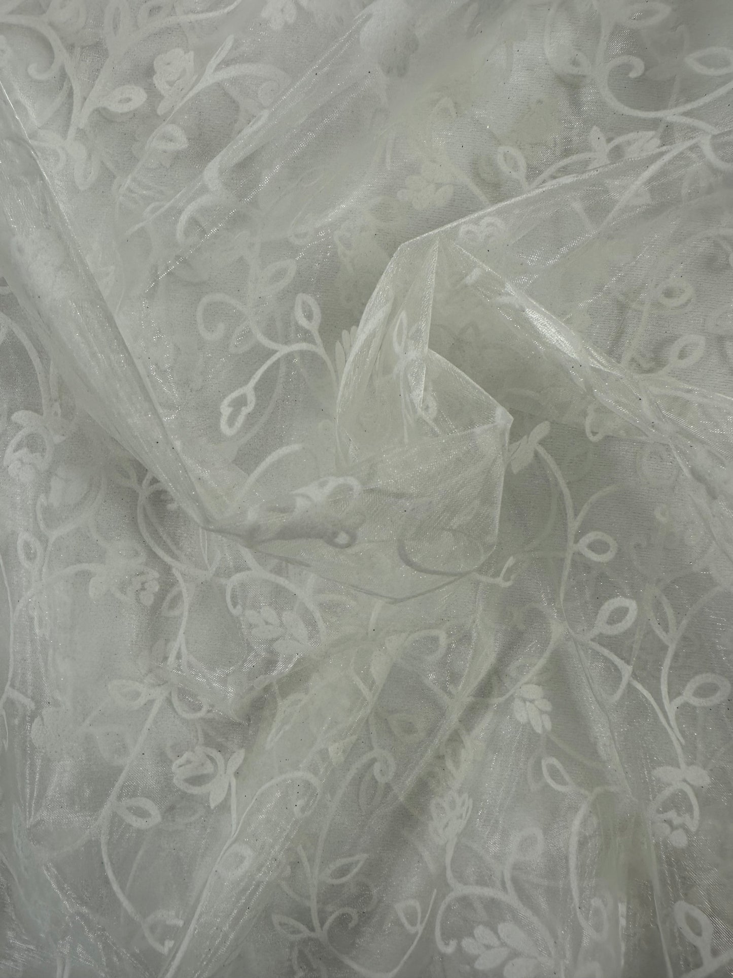 By the Yard Off White Flocked Floral Organza