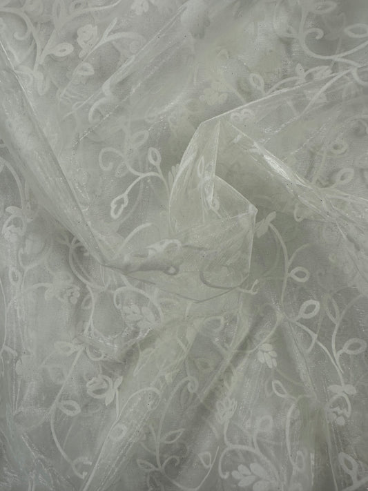 By the Yard Off White Flocked Floral Organza