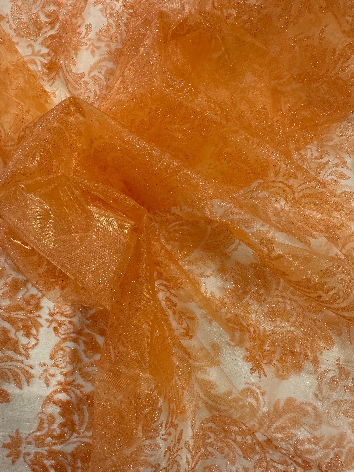 By the Yard Orange Damask Print Glitter Organza