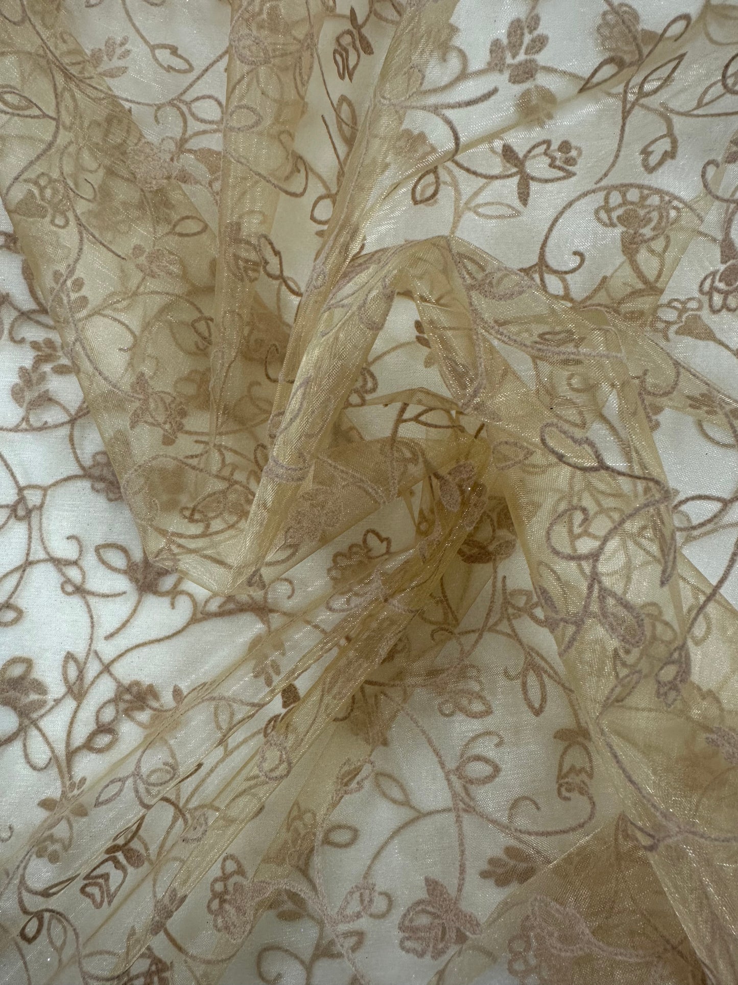 By the Yard Gold Flocked Floral Organza