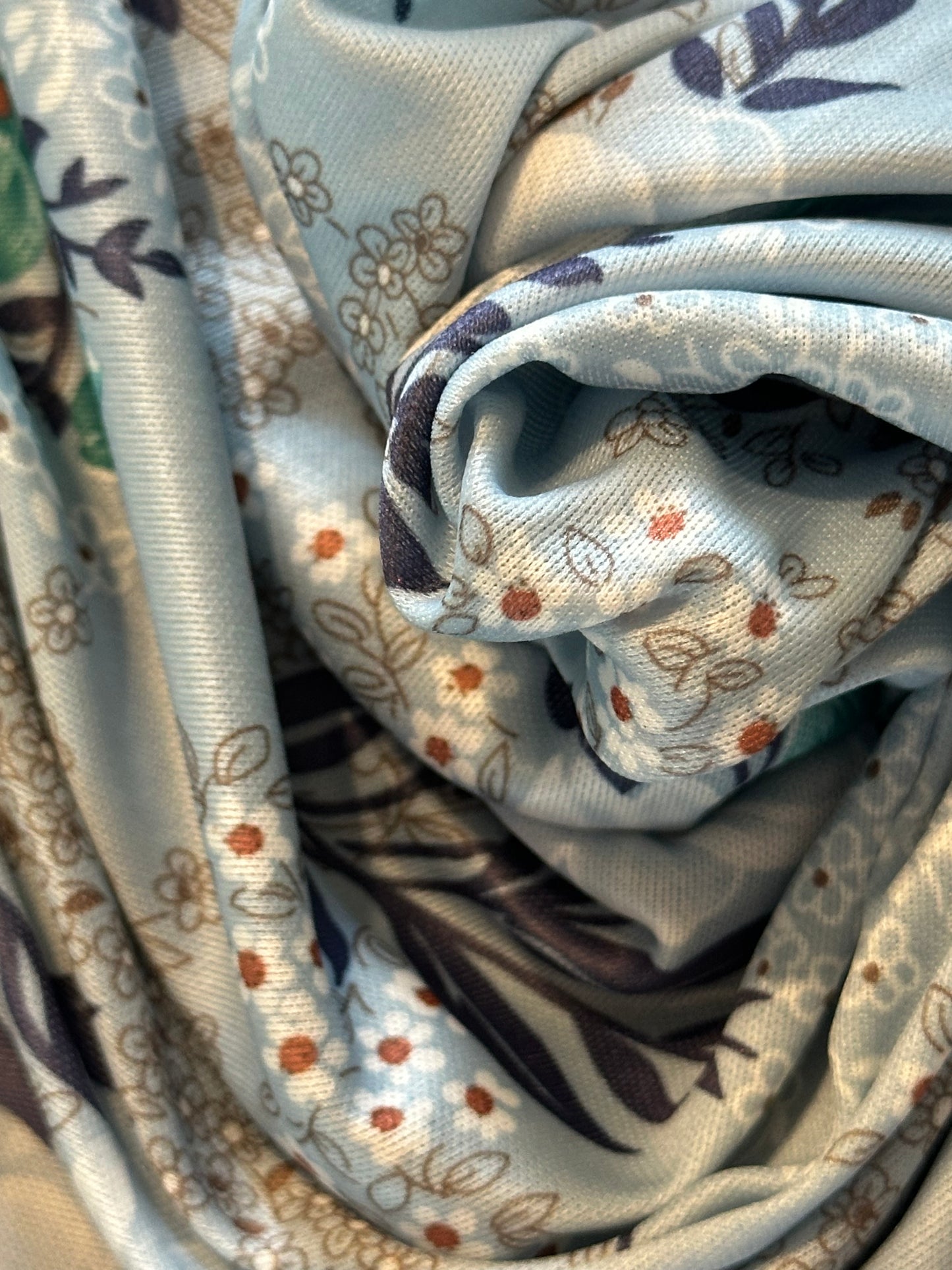 2 yards White Blue Turquoise Bronze Floral Poly Satin Knit