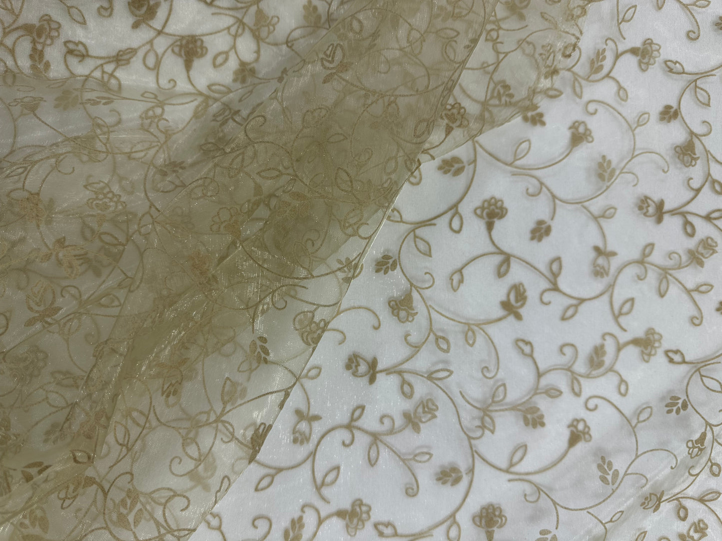 By the Yard Champagne Flocked Floral Organza