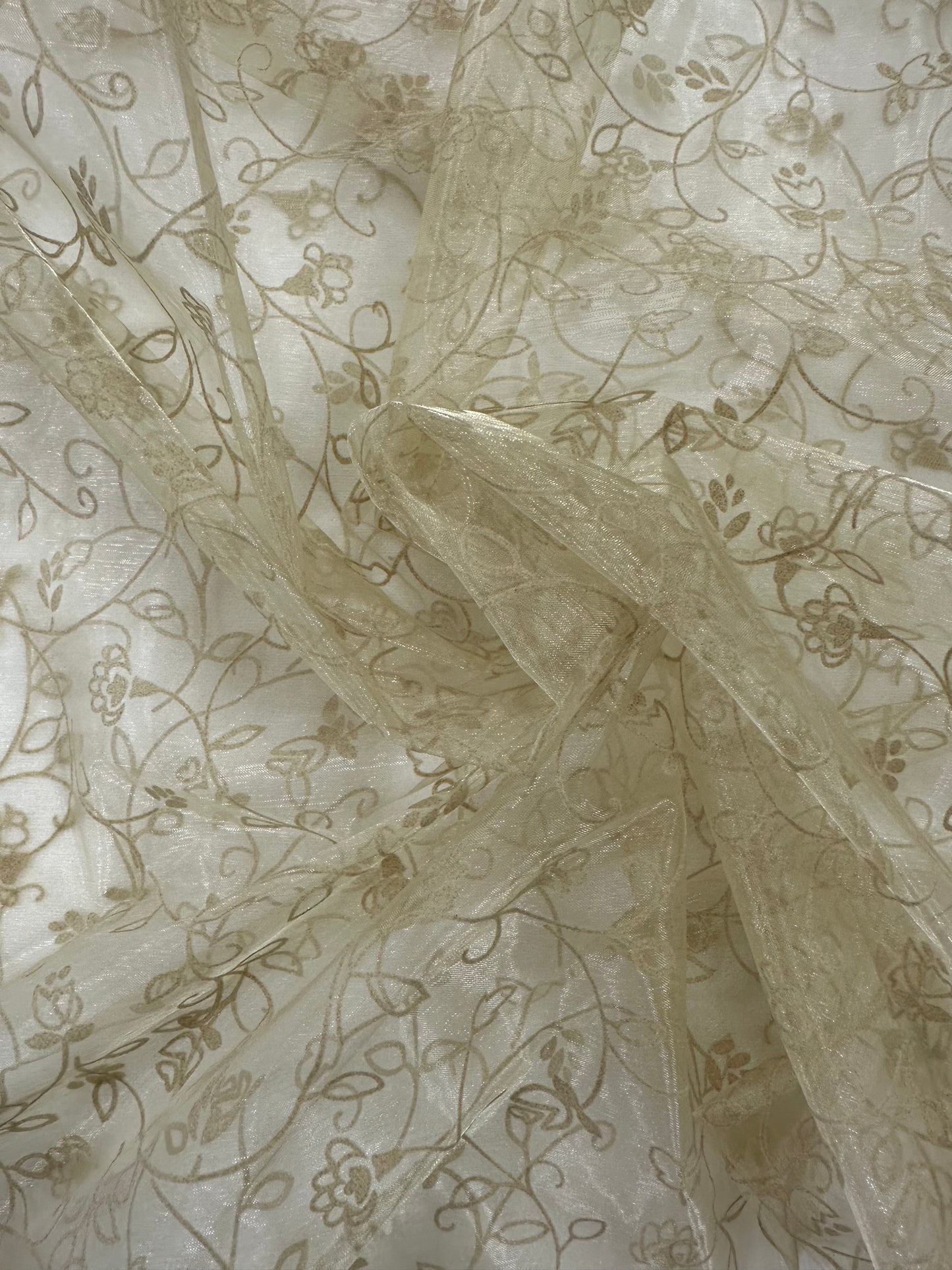 By the Yard Champagne Flocked Floral Organza