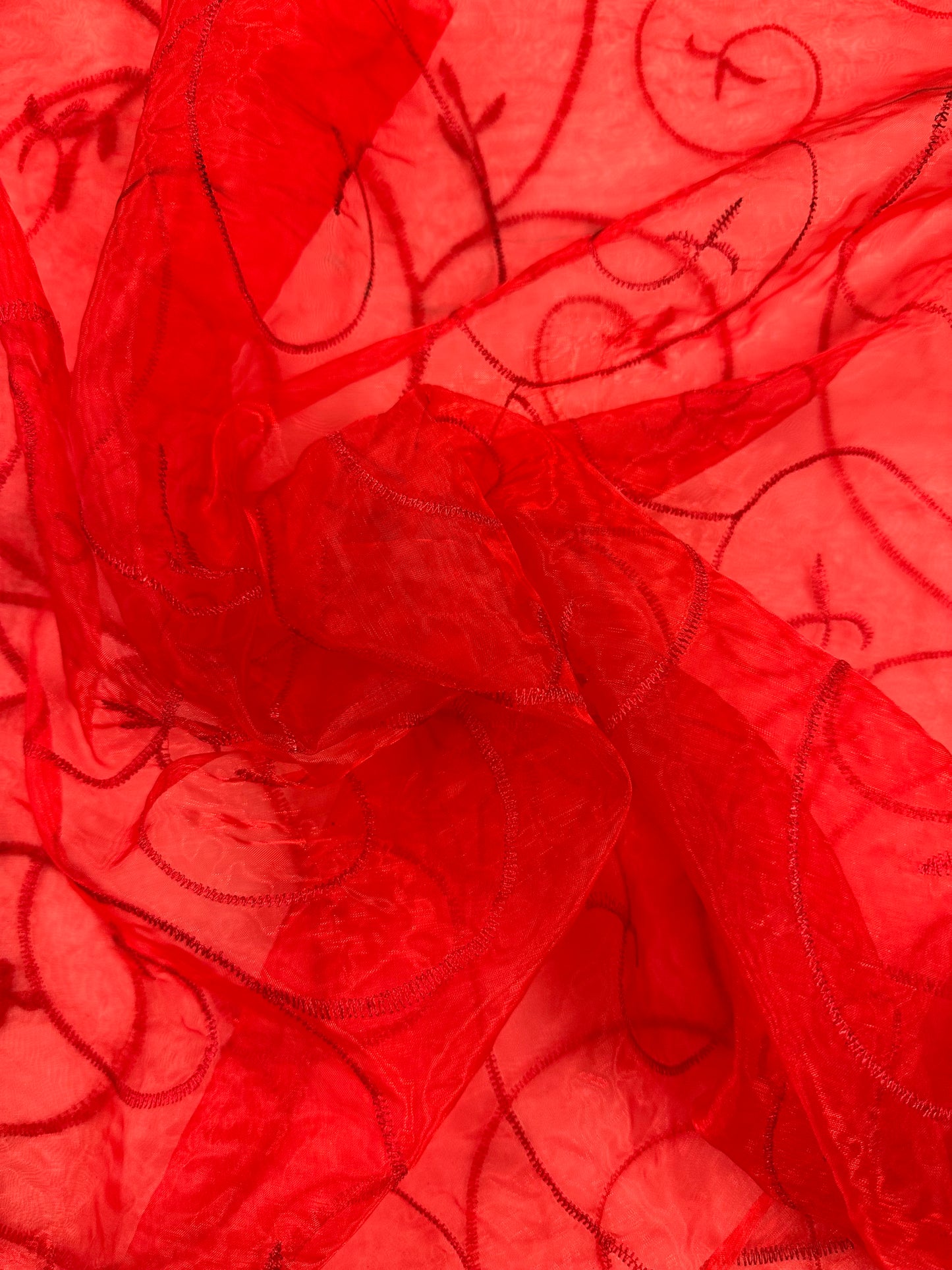 By the Yard Red Organza Vines