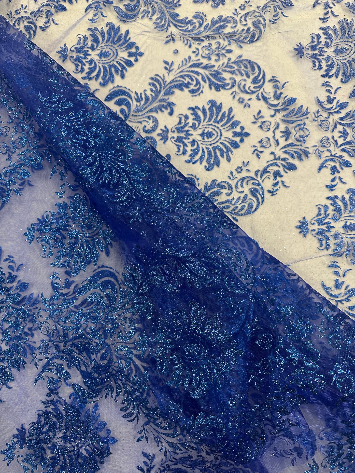 By the Yard Blue Glitter Damask Print Organza