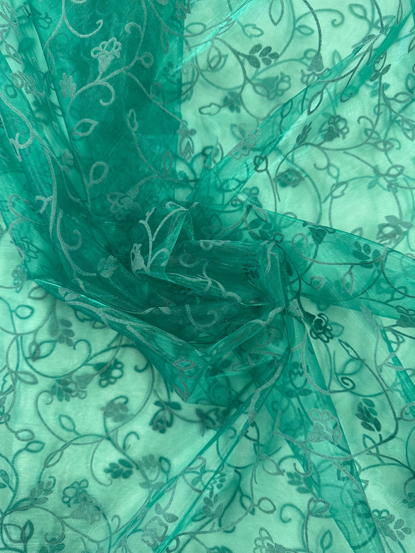By the Yard Emerald Green Flocked Vines Organza