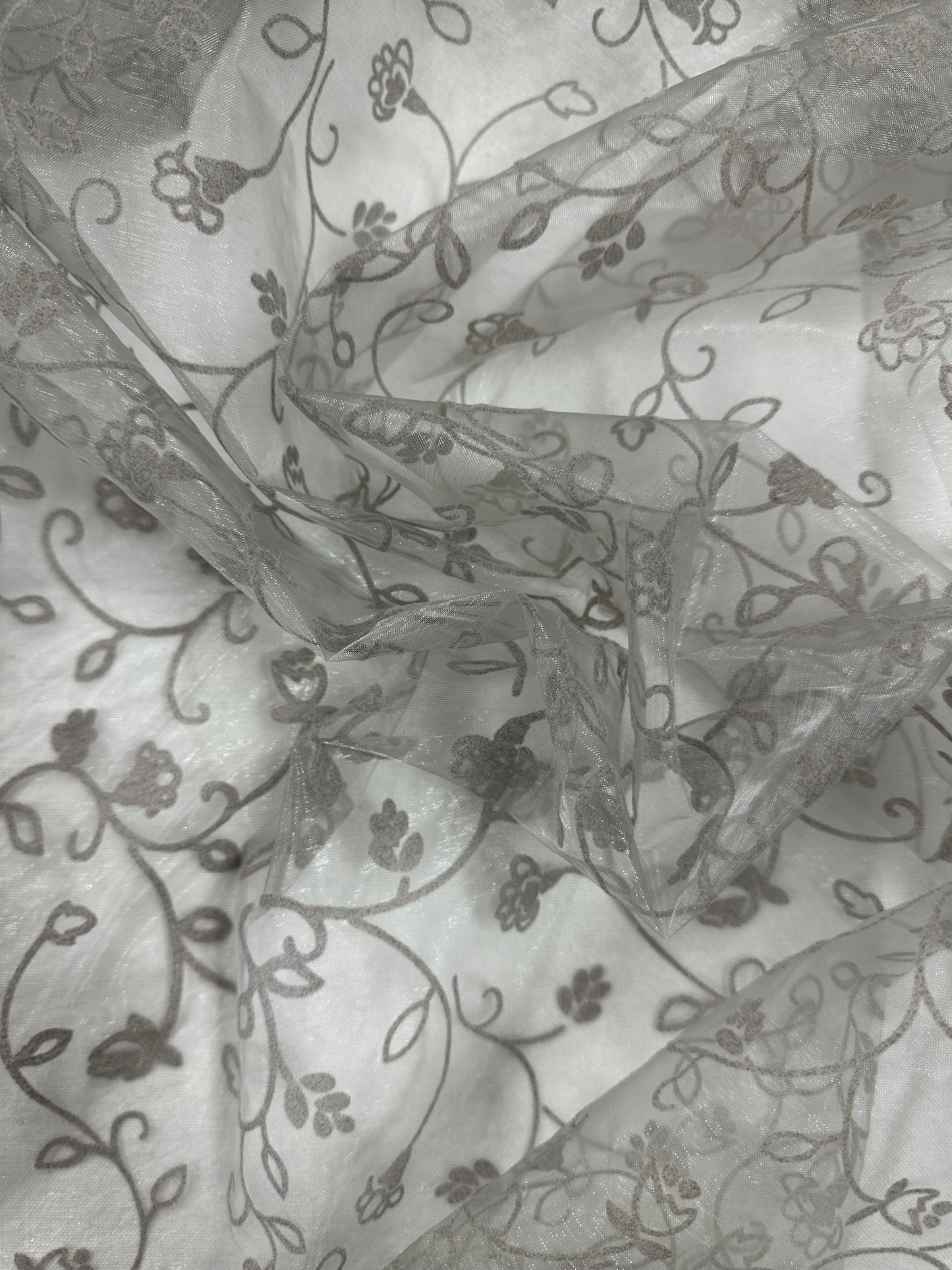 By the Yard Grey Flocked Floral Organza