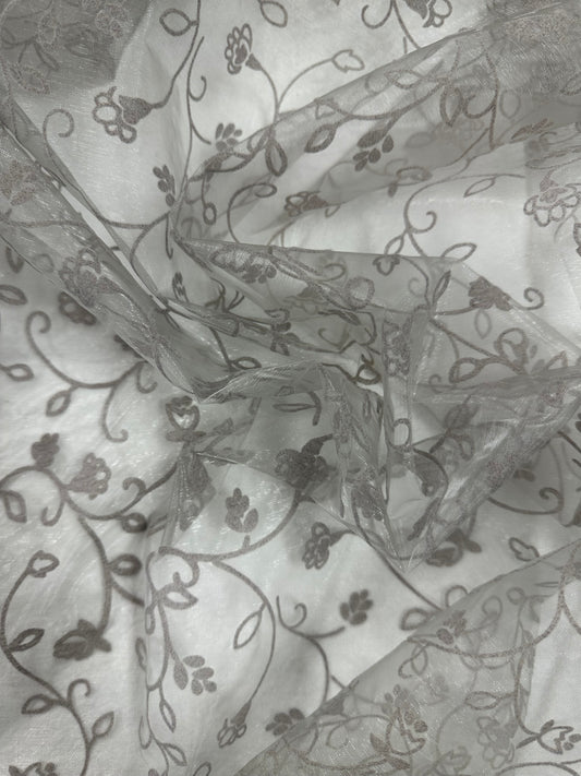 By the Yard Grey Flocked Floral Organza