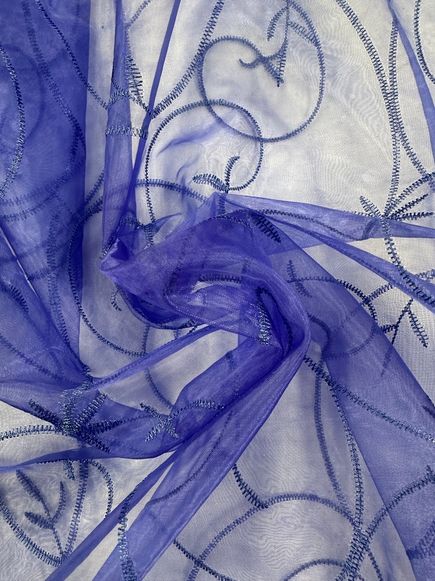 By the Yard Royal Blue Organza with Vines