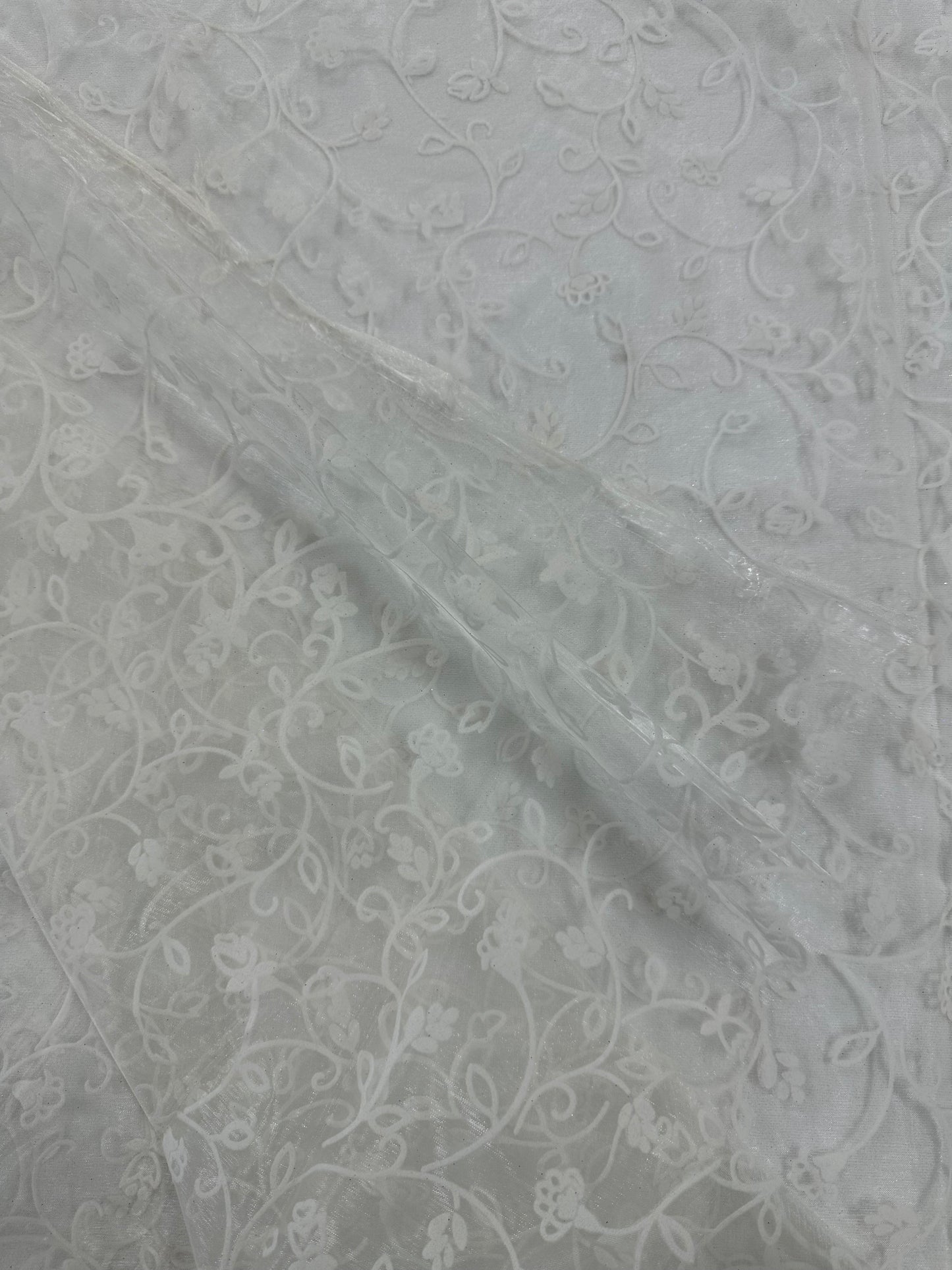 By the Yard Off White Flocked Floral Organza