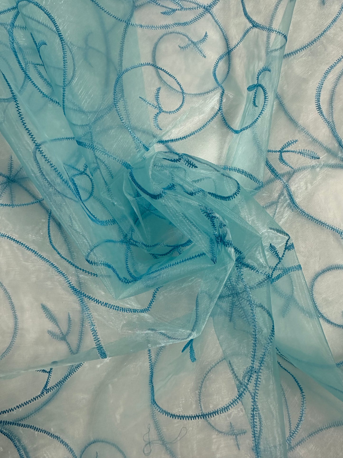 By the Yard Teal Organza with Vines