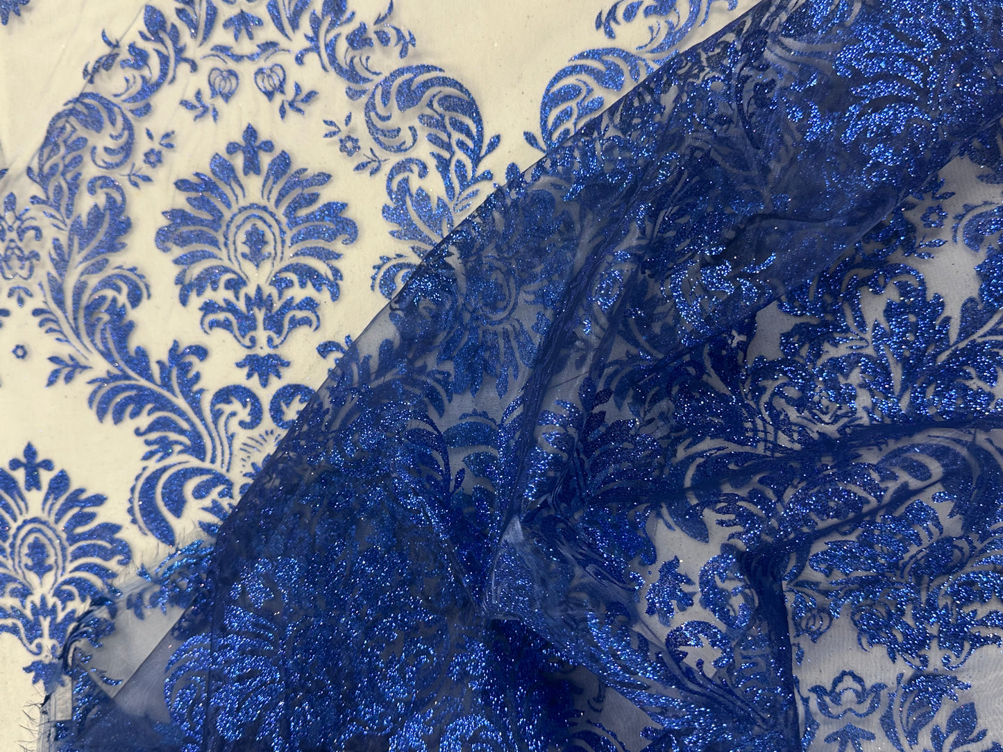 Navy Glitter Damask Print Organza
