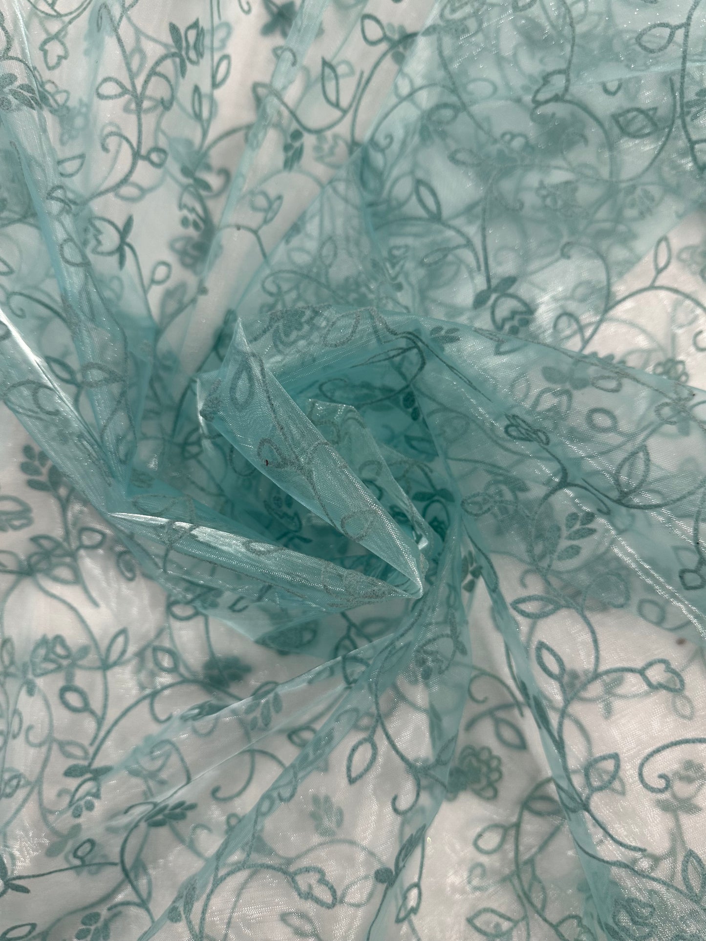 By the Yard Turquoise Flocked Vines Organza
